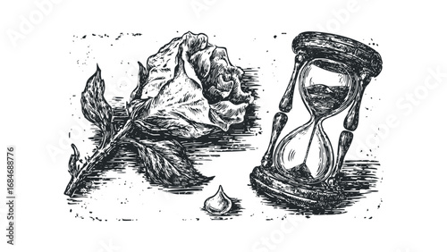 Withered rose and hourglass depicted in woodcut style on transparent background. Vector hand drawn illustration