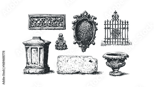 Collection of ornate stone architectural elements for garden or landscape projects. Vector hand drawn illustration