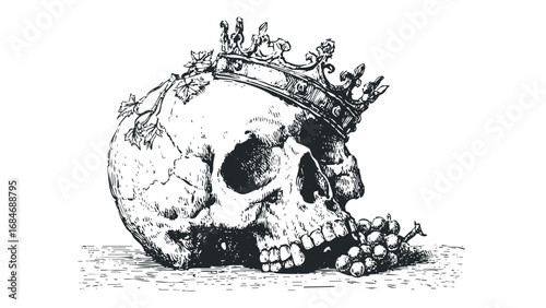 Royal skull adorned with crown and grapes. Vector hand drawn illustration
