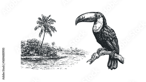 Detailed Toucan Perched on Branch Overlooking Lush Tropical Riverbank with Palm Trees. Vector hand drawn illustration