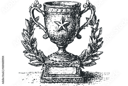 Trophy with Star and Laurel Wreath. Vector hand drawn illustration