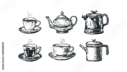 Vintage coffee and tea pots with steaming cups on saucers sketch. Vector hand drawn illustration