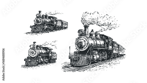 Vintage steam locomotive with smoke plumes. Vector hand drawn illustration