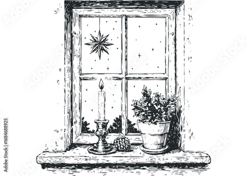 Window sill with candle and plant, nighttime view with star decoration. Vector hand drawn illustration