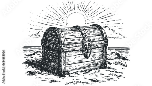 Wooden pirate treasure chest on textured ground with sunburst overhead. Vector hand drawn illustration