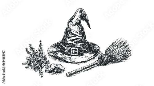 Sketch of a witch's hat, broom, and herbs on a white background. Vector hand drawn illustration