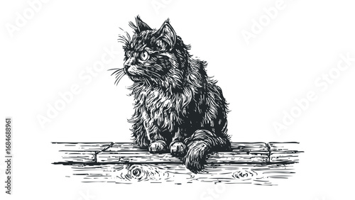 Long haired cat sitting on wooden planks black and white sketch. Vector hand drawn illustration