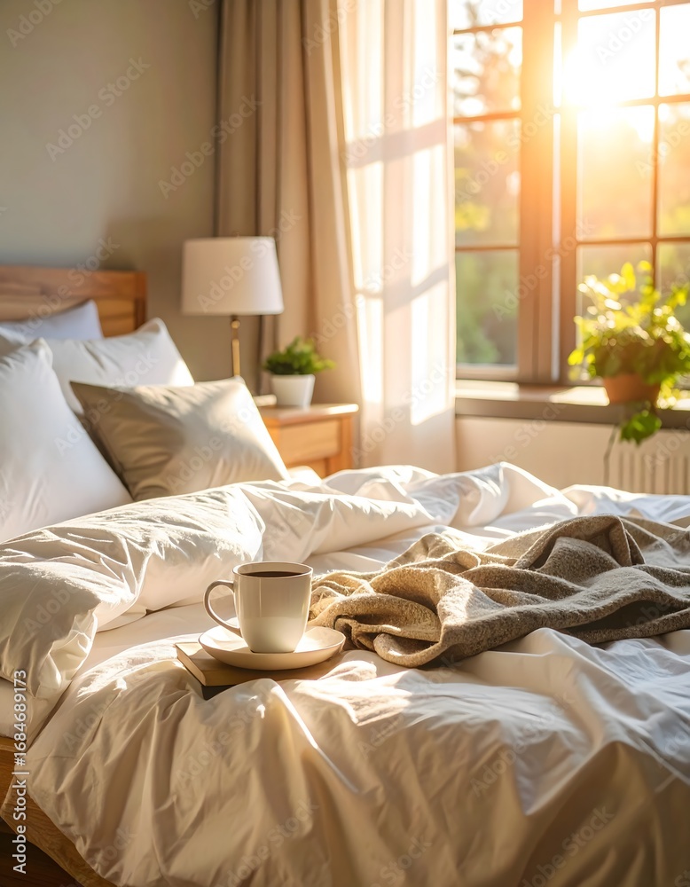 Obraz premium Warm Sunlight Bathes a Cozy Bedroom with a Cup of Coffee