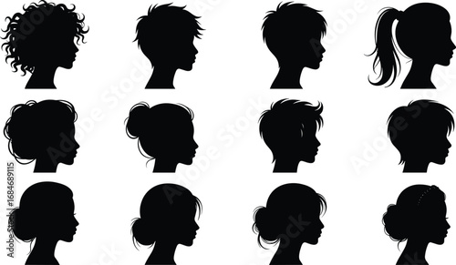 Set of diverse female and male hair silhouette profiles, various hairstyles, black vector icons, haircuts, fashion design, beauty, style, grooming, profile heads.