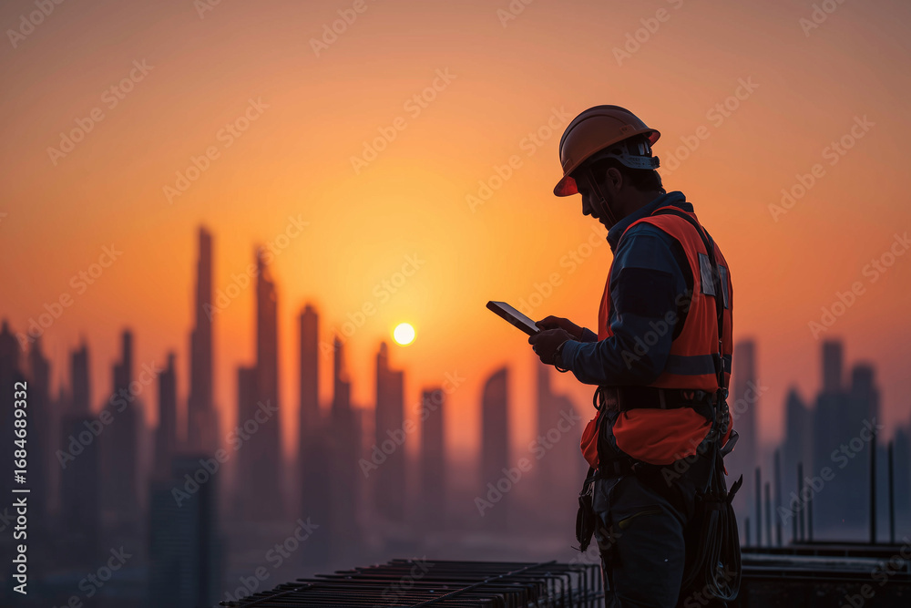 Fototapeta premium Construction worker wearing safety gear using tablet on site with city skyline at sunset in the background