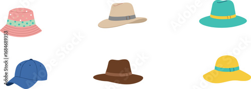 Vector Set of Fashion Hats – Bucket, Fedora, Wide-Brim, Baseball Cap, Cowboy Hat, and Sun Hat on White Background