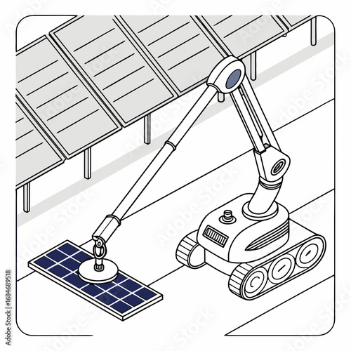 Illustration of a solar panel cleaning robot, , showcasing automated maintenance for renewable energy systems and improved power generation efficiency