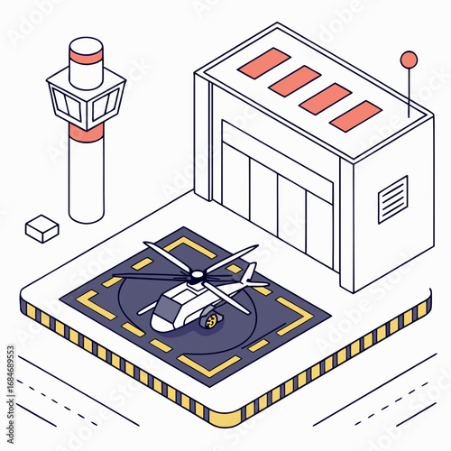 Vector art of isometric illustration of a helicopter on a landing pad at an airport with a control tower and hangar, representing air transportation and aviation infrastructure