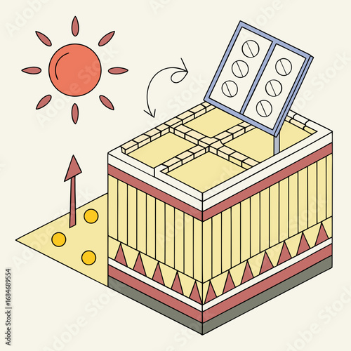 Vector art of isometric illustration of a solarpowered energy storage unit, highlighting the process of capturing sunlight and converting it into stored energy for later use