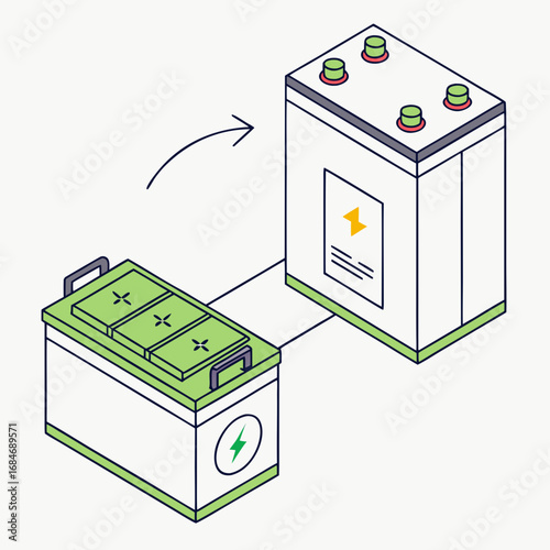 Vector art of isometric illustration of two batteries, one transferring energy to the other, representing renewable energy storage and sustainable power solutions