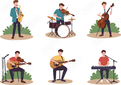 Musicians performing with different musical instruments, guitar, violin, drums, piano, cello, and saxophone, outdoor music concert, live band illustration