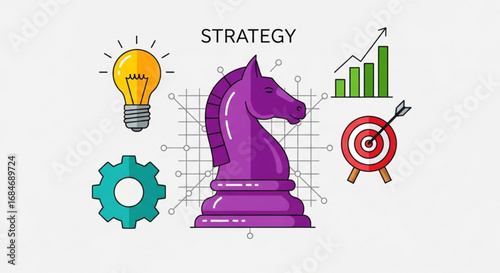Business strategy planning and development with chess knight lightbulb and target illustration design