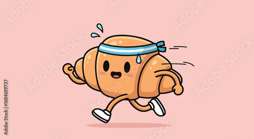 Adorable running croissant mascot with a happy face, a funny and cute illustration about exercise, healthy lifestyle, and pastry