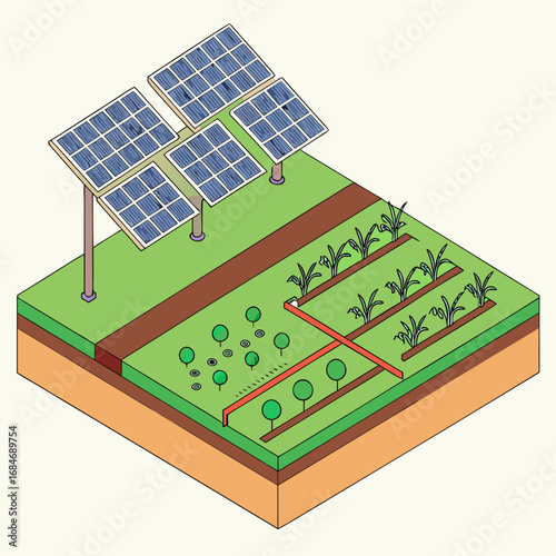 Vector art of isometric illustration depicting solar panels integrated with agriculture, showcasing renewable energy powering irrigation for crops and promoting sustainable farming practices