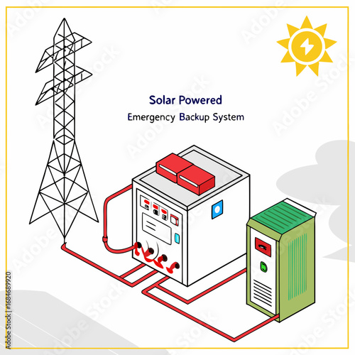 Vector art of isometric illustration of a solar powered emergency backup system connected to an electrical grid, featuring a solar panel, inverter, battery storage, and transmission tower