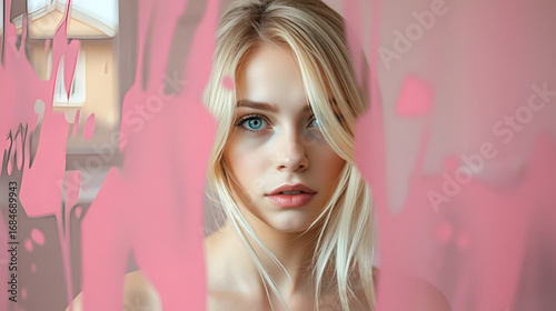Portrait of seminude blonde through the glass smeared pink clay