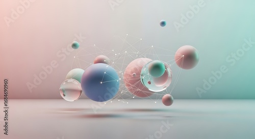 Pastel Spheres Connected by a Network of Lines in a Softly Lit A