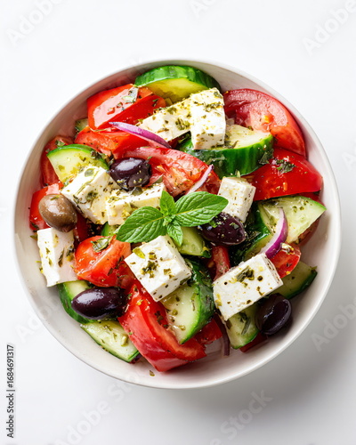 overhead of Greek salad with feta, cucumber, tomato, olives, oregano, on white background