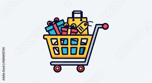 Shopping cart full of gifts and shopping bag for online retail ecommerce holiday sale promotion vector