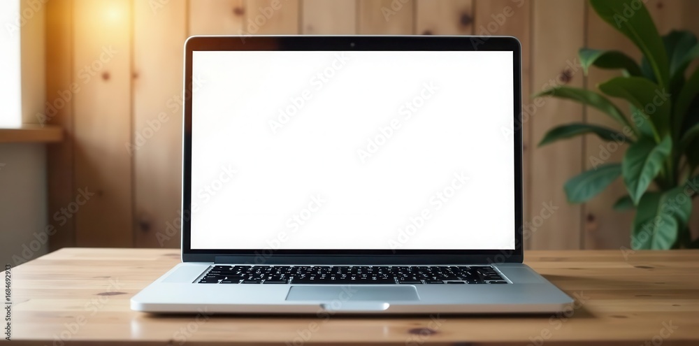 Fototapeta premium Open laptop, blank screen, wood grain backdrop, soft illumination , brown, light, surface