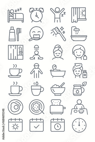 Comprehensive set of outline vector icons illustrating a person's daily morning life and personal care routine from waking to eating