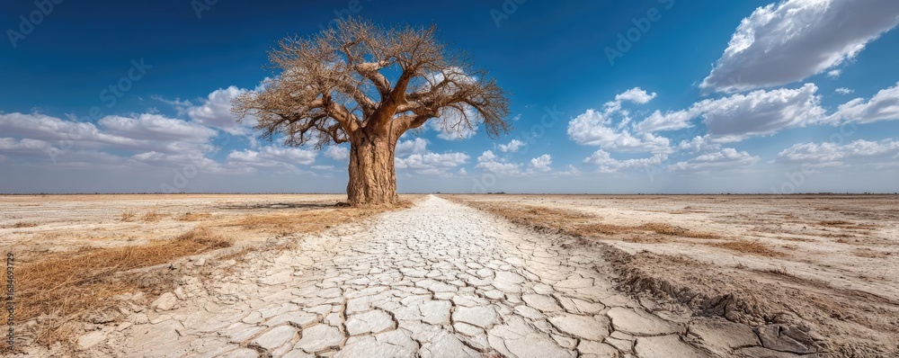 custom made wallpaper toronto digitalBaobab on dry sandy savannah in Africa concept. A solitary tree stands resilient in a dry landscape under blue skies.