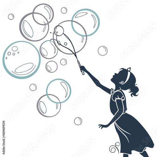 Vector art of a silhouette of a girl blowing bubbles, capturing a moment of childhood joy and wonder, a whimsical illustration of innocence and playfulness
