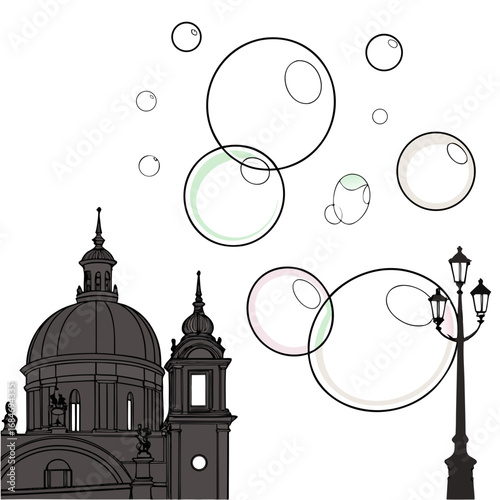 Illustration of a cityscape with a church and a street lamp, surrounded by floating soap bubbles, creating a whimsical and dreamlike atmosphere