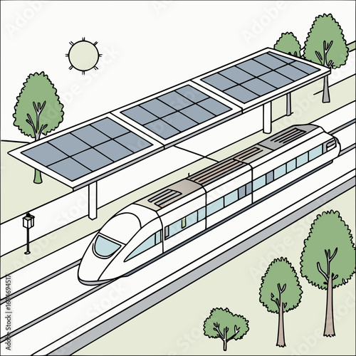 Illustration of a modern highspeed train passing under a solar panel canopy on a sunny day, representing sustainable transportation and renewable energy sources for ecofriendly travel