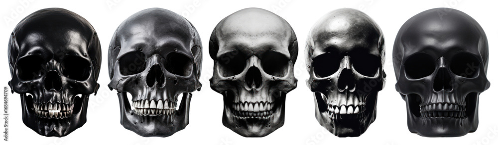 Obraz premium PNG Five realistic black skulls, element set on transparent background