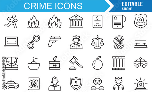 Collection of editable stroke crime icons with law enforcement, evidence, and security elements