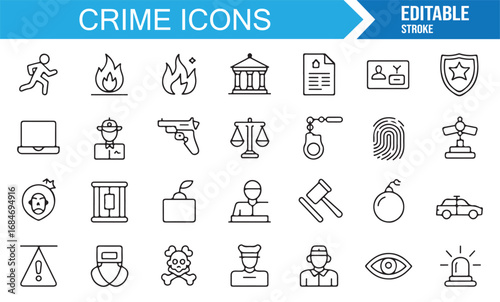 Crime and justice icon set in linear outline style including outlaw, punishment, and investigation