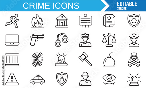 Editable stroke crime icons pack with prison bars, police car, arrest, and courthouse illustrations