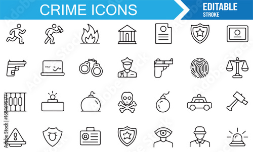 Stroke style vector icons of crime including robbery, hacker, fingerprint, scales, and shield symbols