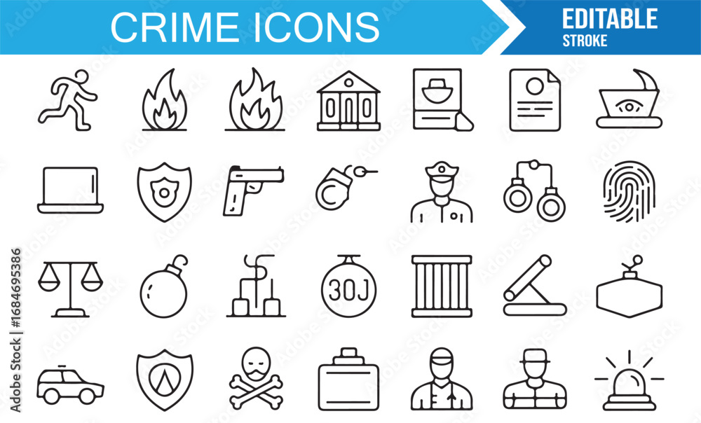 Fototapeta premium Modern line art crime icons featuring law, jail, suspect, cybercrime, and justice enforcement