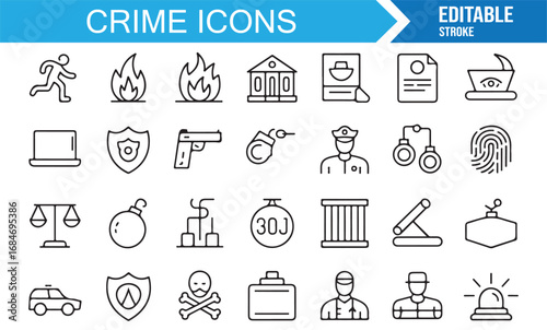 Modern line art crime icons featuring law, jail, suspect, cybercrime, and justice enforcement