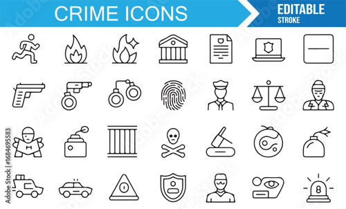 Editable vector crime icons including police officer, hacker, courthouse, and criminal activities
