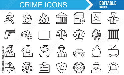 Stroke style crime icons pack with investigation, scales of justice, bomb, and handcuffs