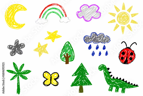 Whimsical child's drawing collection featuring nature, weather, and creatures for playful designs