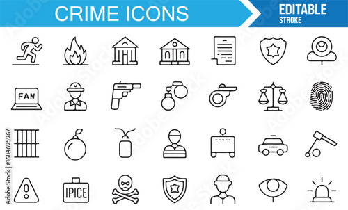 Editable stroke crime icons collection with police, law enforcement, fingerprint, and security symbols