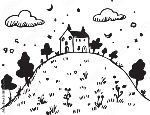 Church at Night Vector – Stars, Moon, Hill, Countryside, Architecture, Landscape, Minimal, Flat, Outline, Black and White, Sketch, Doodle, Scenic, Vintage, Icon, Symbol, Art, Illustration
