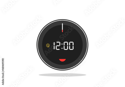 A black digital clock displaying 1200 with a white outline red markers a sun symbol and a subtle shadow