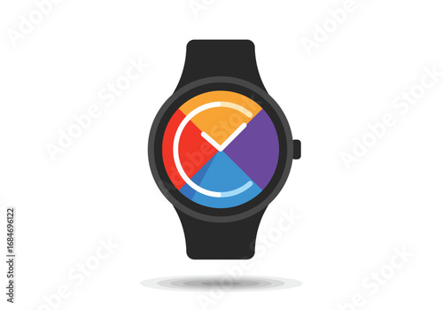 A black smartwatch with a multicolored face displaying a simplified time indicator