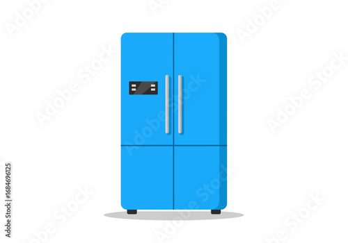 A blue fourdoor refrigerator with a digital display and gray handles