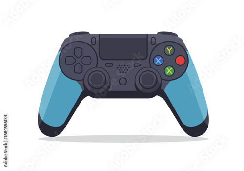 A blue  dark gray game controller with analog sticks directional pad and buttons
